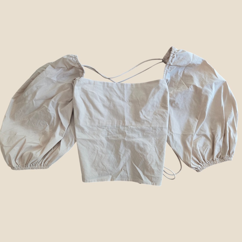 Market Beige Puff Sleeve Lace‎ Up Back Crop Top Large Cotton Blend Square Neck